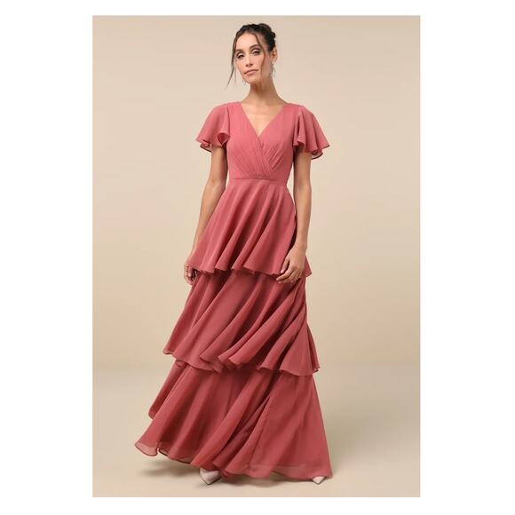 Lulus Sincerely Exquisite Rusty Rose Short Sleeve Tiered Maxi Dress Sz.XS NWT - Picture 1 of 16